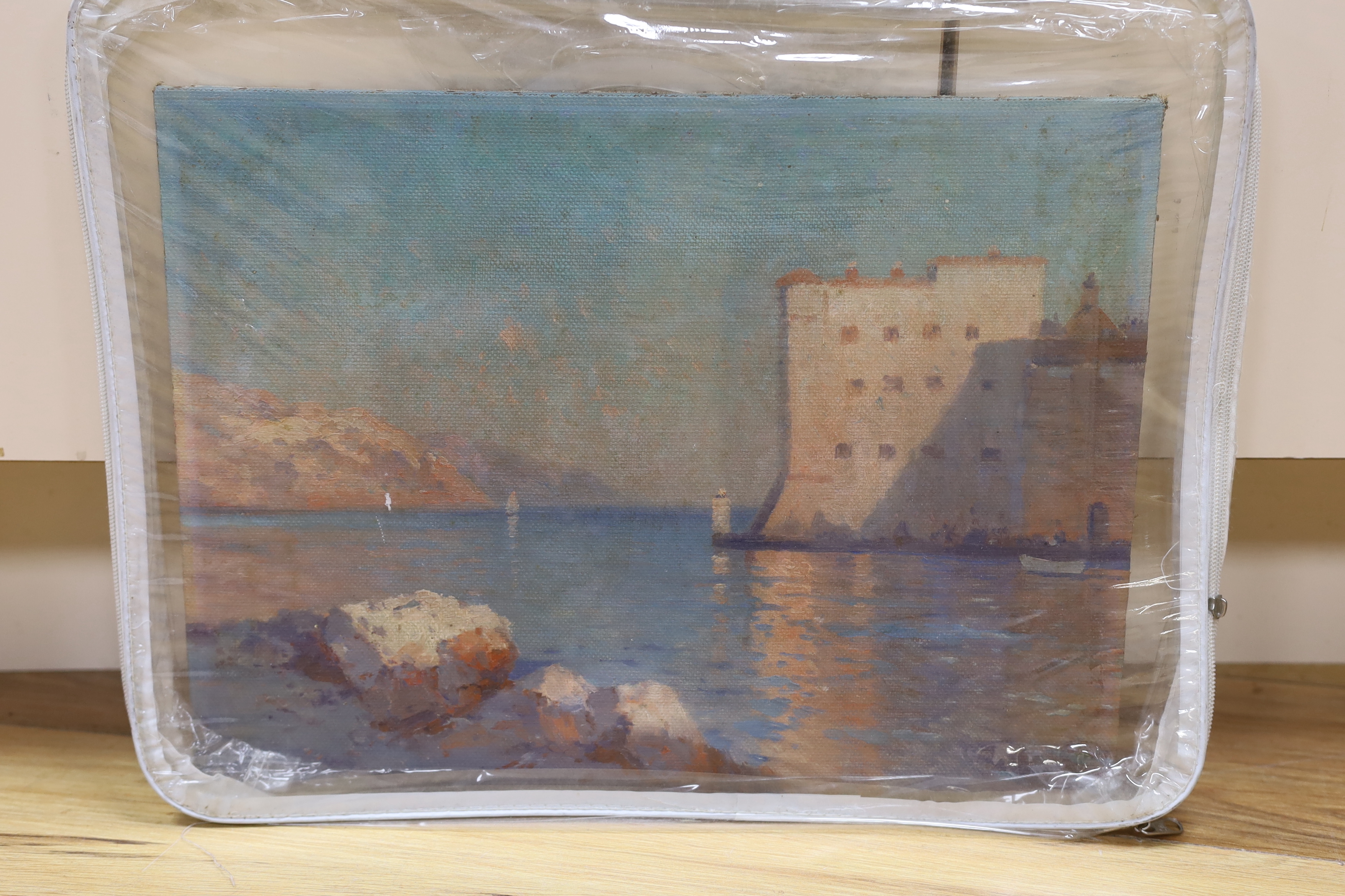 Slovenian school, oil on canvas board, Lakeside landscape with villas, Ljubljana label verso, unframed, 40cm x 30cm